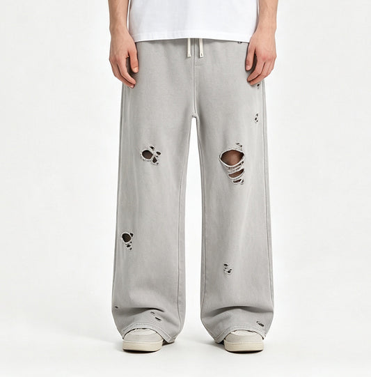 Customized Men's Sweatpants Custom 100% Cotton Dropped Hem Style with Snowflake Wash and Distressed Finish for Long Pants