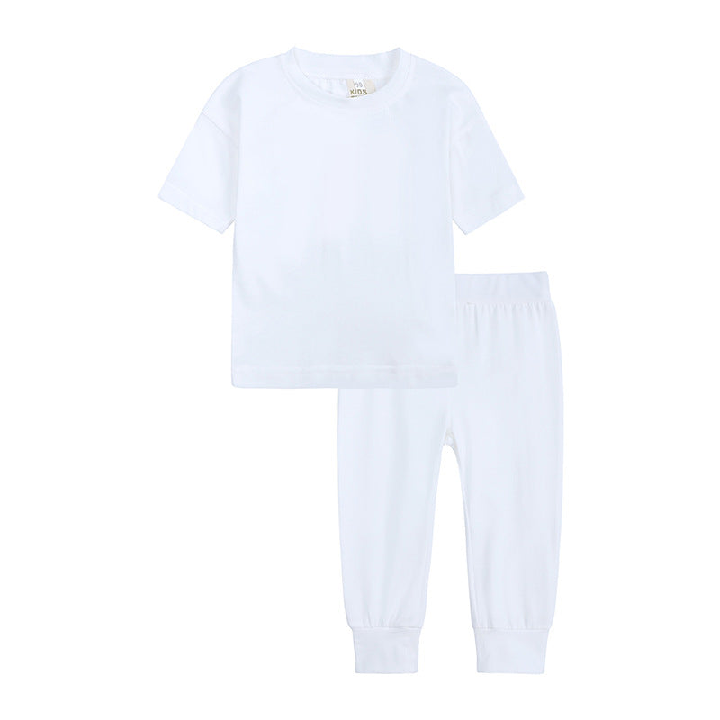 Suit Tshirt 100 Cotton Blanc 7 Color Children Two Piece Short Sleeved T Shirt and Pants Multiple Processes to Choose From Suit