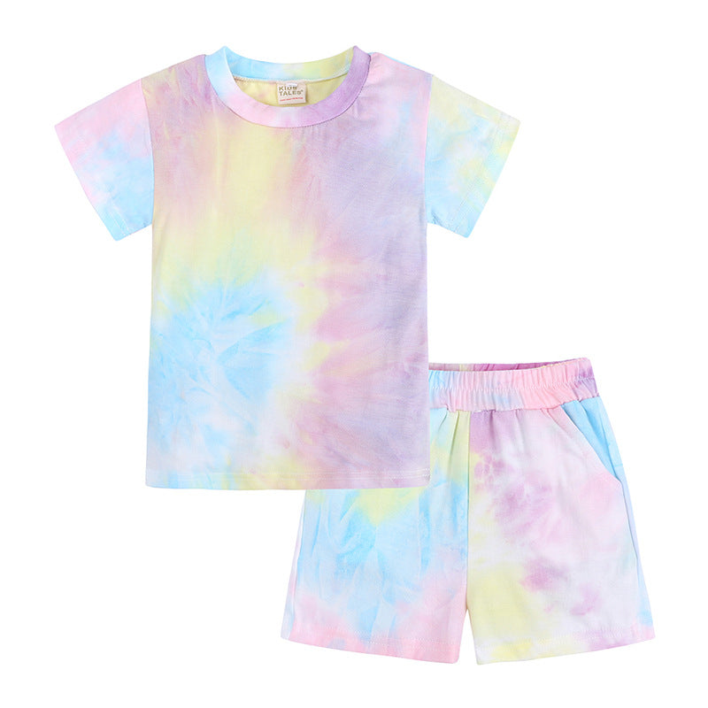 Custom logo Tshirt and Shorts Streetwear Tie Dye Multi Color Fashion New Design High Quality Blank Children's T-shirt Suit