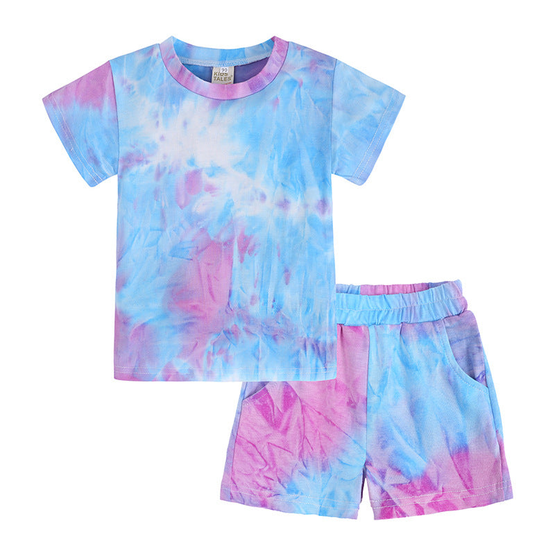 Custom logo Tshirt and Shorts Streetwear Tie Dye Multi Color Fashion New Design High Quality Blank Children's T-shirt Suit