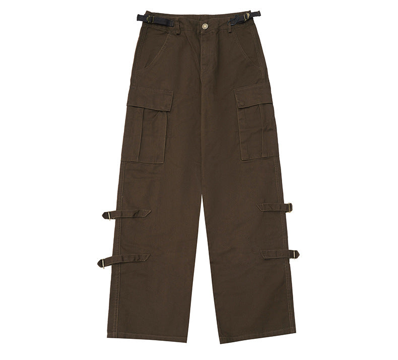 2 Color Japanese Style Casual Wide Padded Belted Workwear Pants with Loose Straight Legs Adjustable Waist and Legs Sweatpants