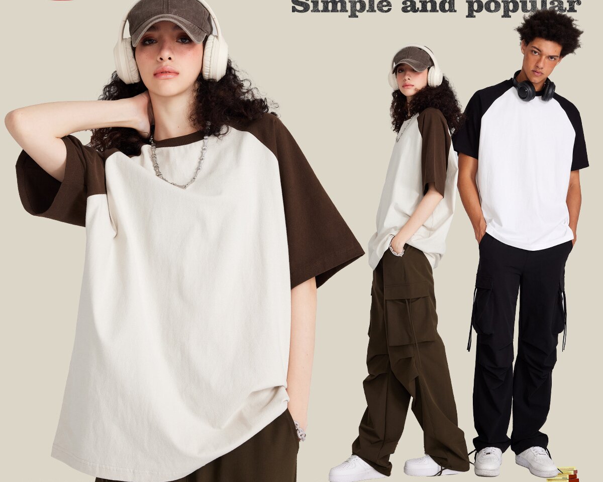 Custom Heavyweight Raglan Sleeve 100% Cotton Streetwear Color Clashing Matching Short Sleeve Blank Puff Print Oversized T-shirts