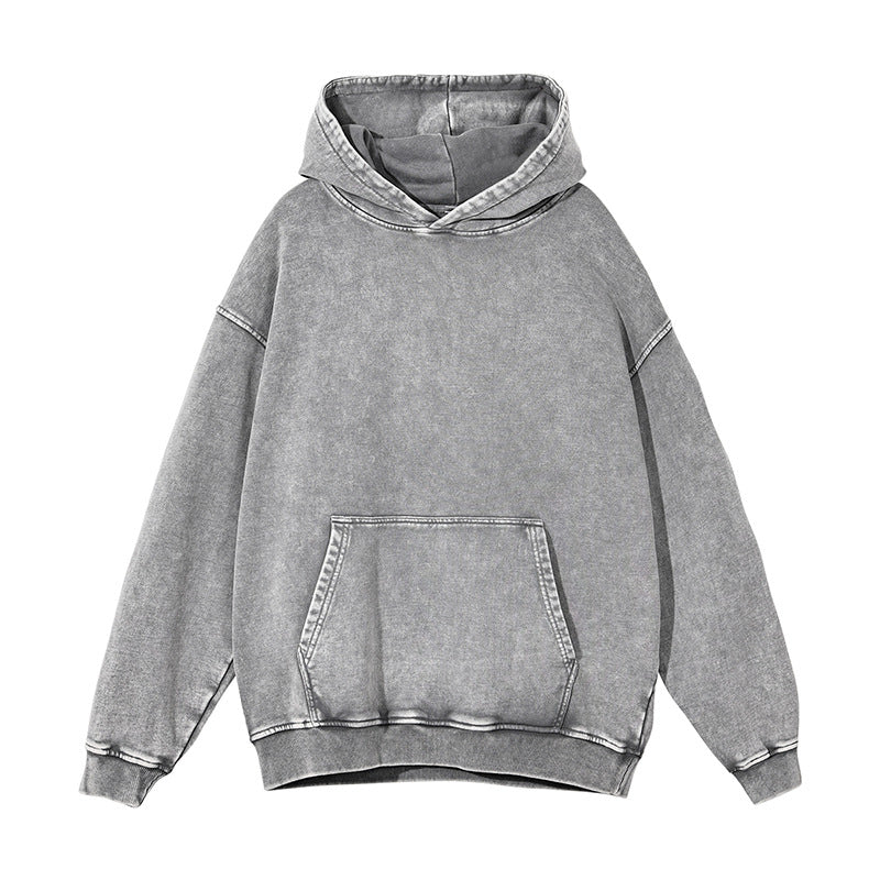 Custom Retro Circle 100% Cotton Waxed Distressed Hooded Sweatshirt Loose Washed Long Sleeved No Collar Rope Sweatshirt Oversized