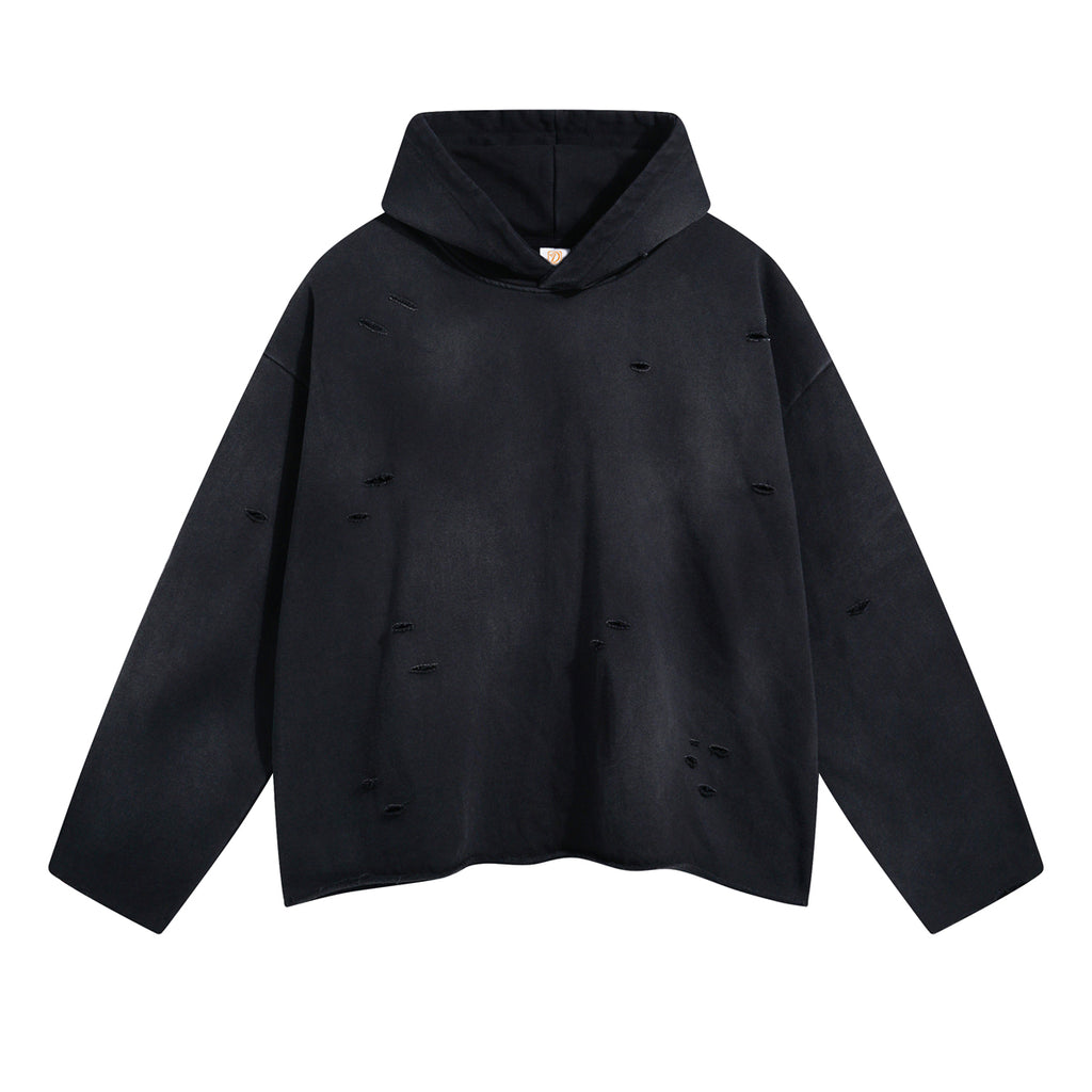 450G Heavyweight Blank Pullover Irregular Broken Vintage Streetwear Distressed Embroidery High Quality Winter Hoodies Men