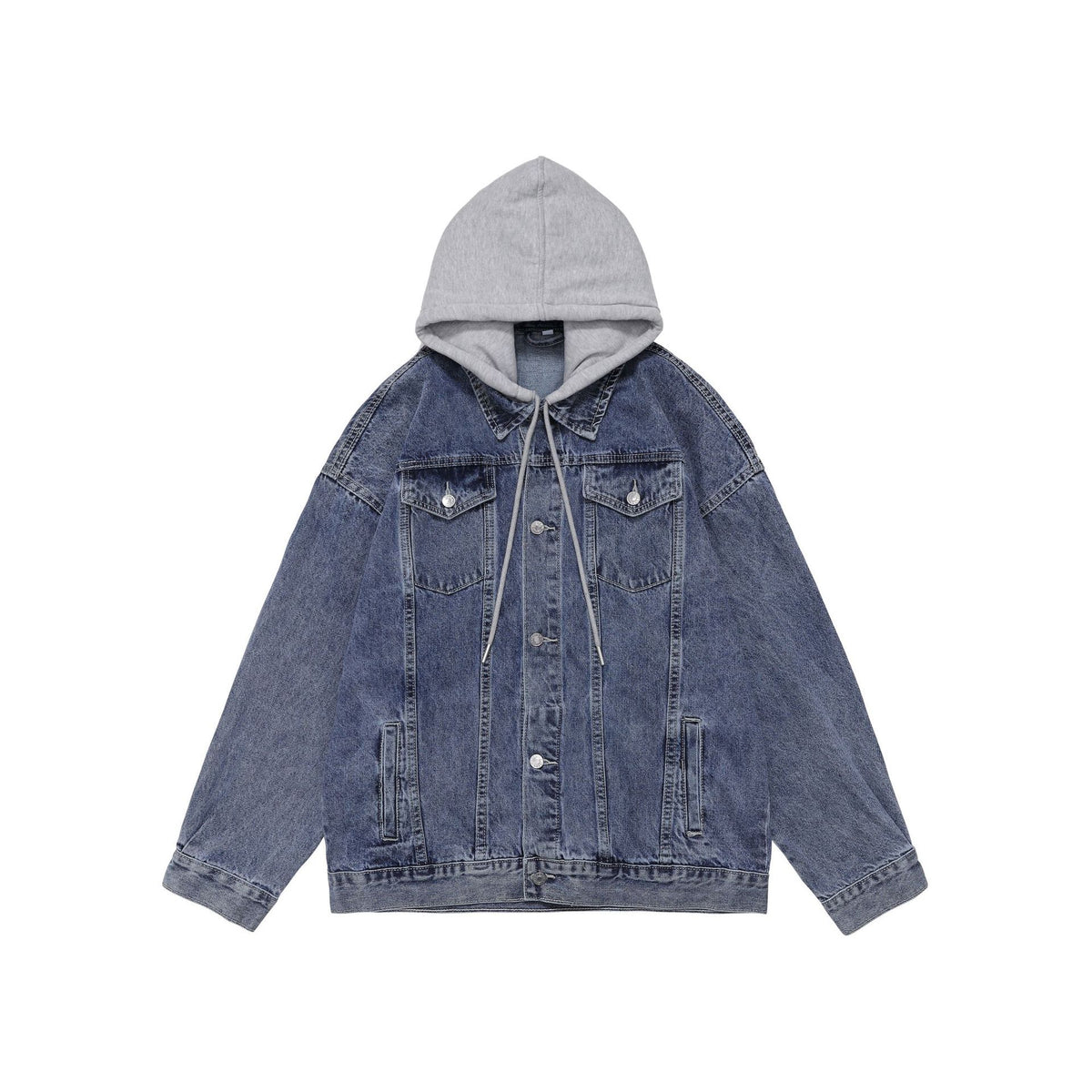 Customized 3 Color Loose Denim Jacket with Patchwork Hoodie Detachable Hood Loose Retro Distressed Work Jacket Detachable Hat