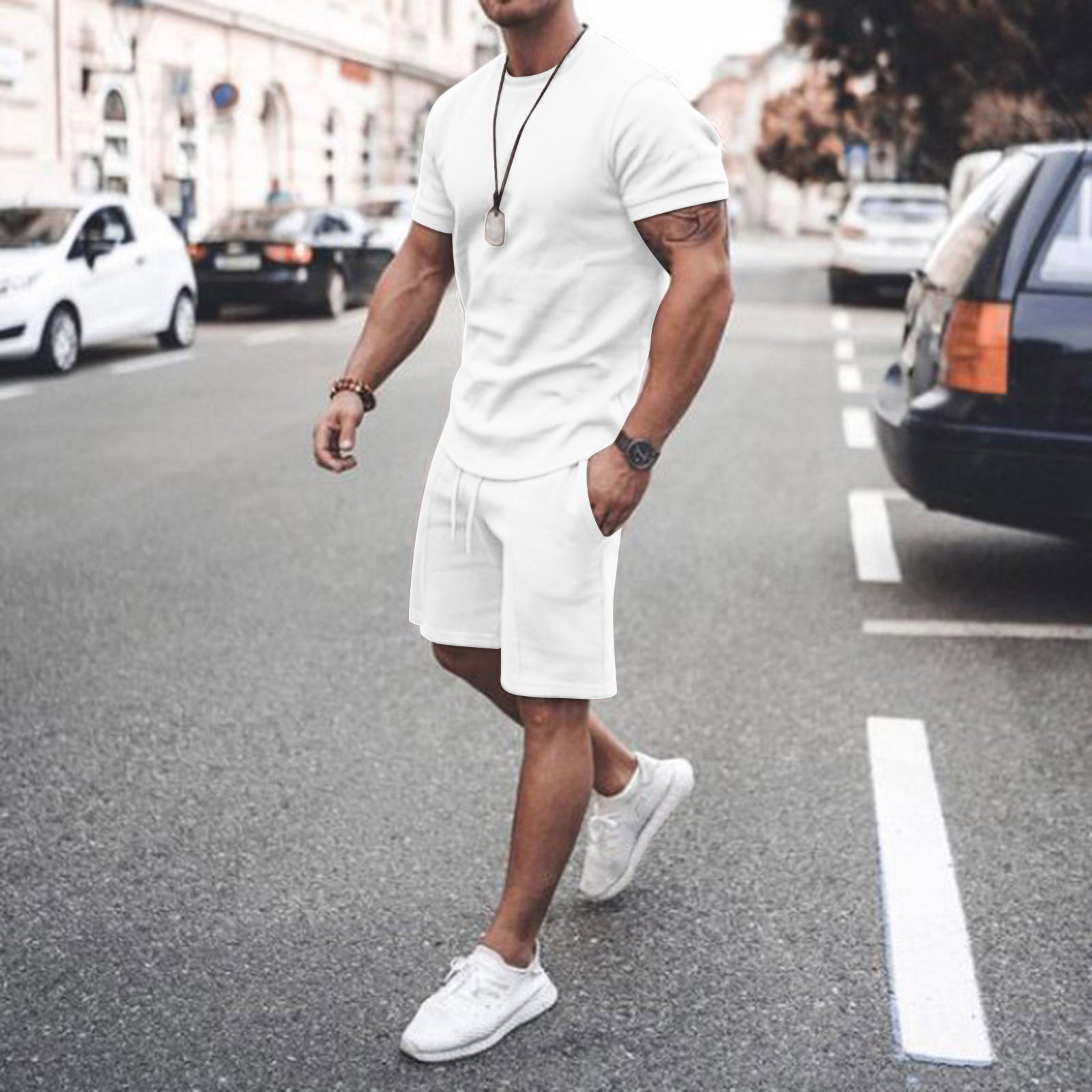 Wholesale Multicolored Loose Heavyweight Polyester and Cotton Custom Drop Shoulder Men's T-shirts and Shorts Set