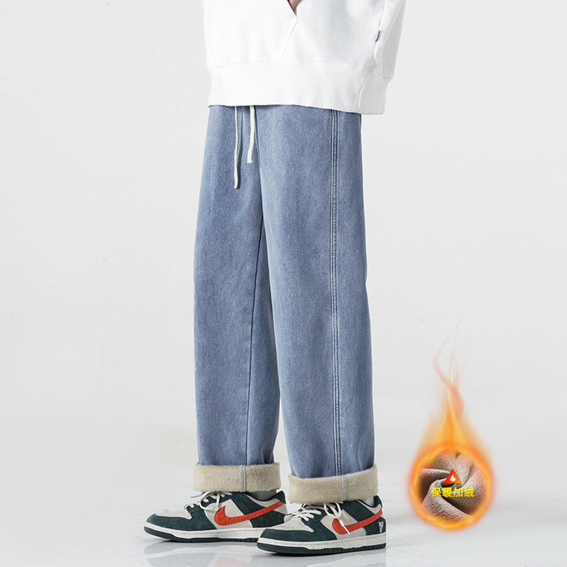 Customized 4 Color Fleece Thick and Warm Men's Jeans with Elastic Waist Trendy Brand Loose Straight Wide Leg Long Sweatpants
