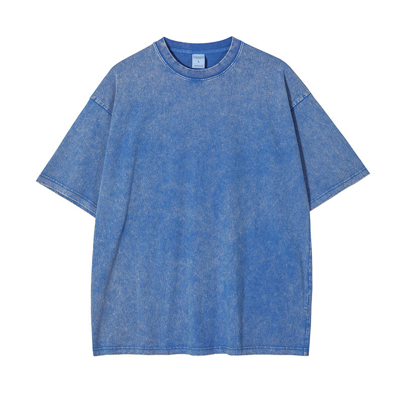 Oem 10 Color Stir Fried Snowflake Wash Waxed Indigo Dyed Distressed Solid Short Sleeve Multiple Processes to Choose From