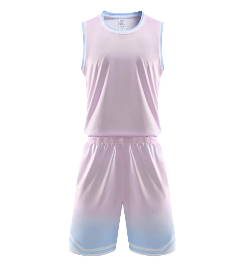 Fashion 5 Color Men's and Women's 100% Polyester Fiber Round Neck Basketball Uniform Set with Vertical Stripes and Plain Fabric