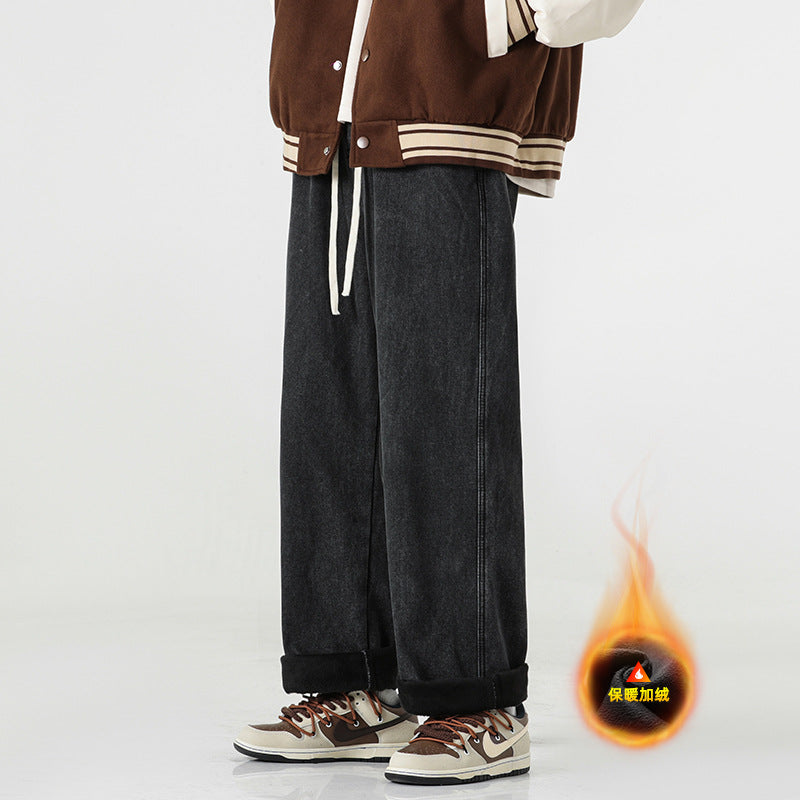Customized 4 Color Fleece Thick and Warm Men's Jeans with Elastic Waist Trendy Brand Loose Straight Wide Leg Long Sweatpants