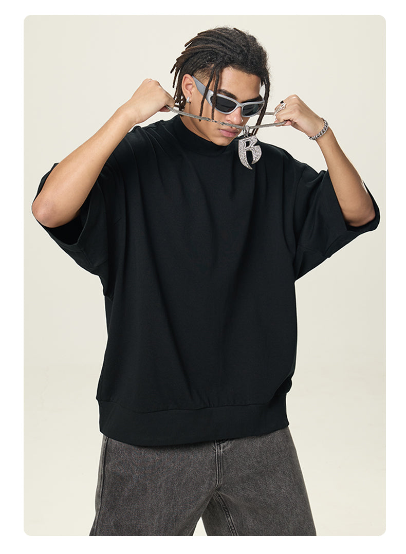 305G Heavyweight 100% Cotton Drop Shoulder T-short Boxy High Quality Print Sublimation Short-sleeved with Small High Collar