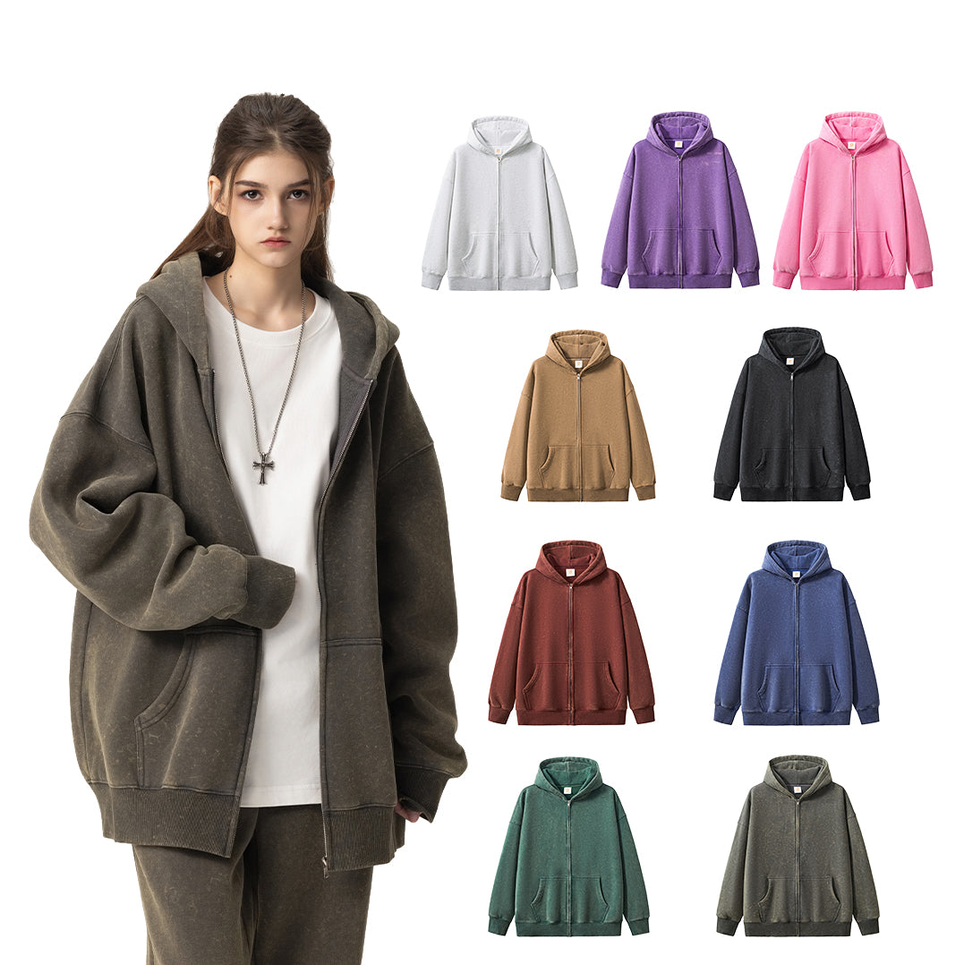 Manufacturer Hoodies Puff Printing Washed Blank Full Zip Hoodie Drop Shoulder High Quality Wholesale Hoodies