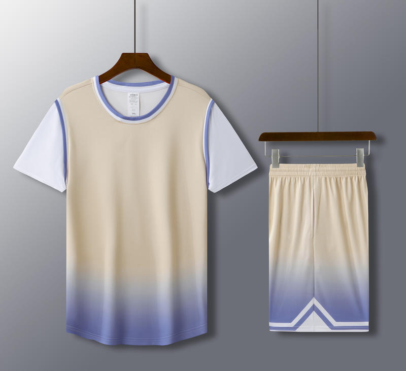 5 Color Men's and Women's 100% Polyester Round Neck Basketball Uniform Set Fake Two Pieces with Vertical Stripes of Beige Fabric