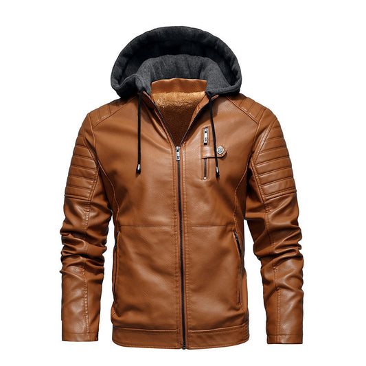 3 Color Hooded Down Jacket with Thick Insulation for Warmth Loose PU Leather Coat for Men Detachable Hat Fall and Winter Style