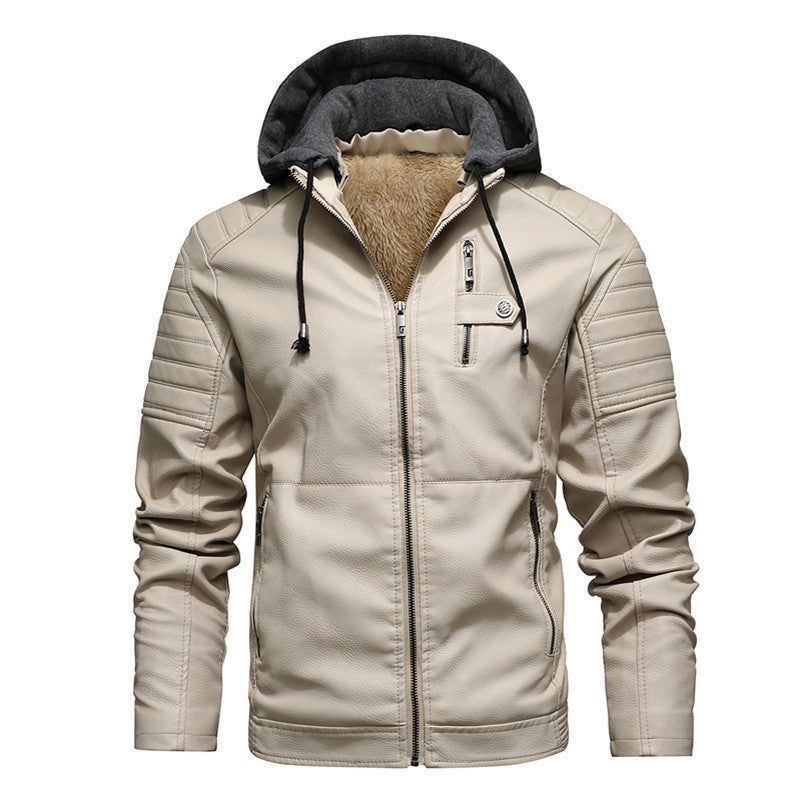 3 Color Hooded Down Jacket with Thick Insulation for Warmth Loose PU Leather Coat for Men Detachable Hat Fall and Winter Style