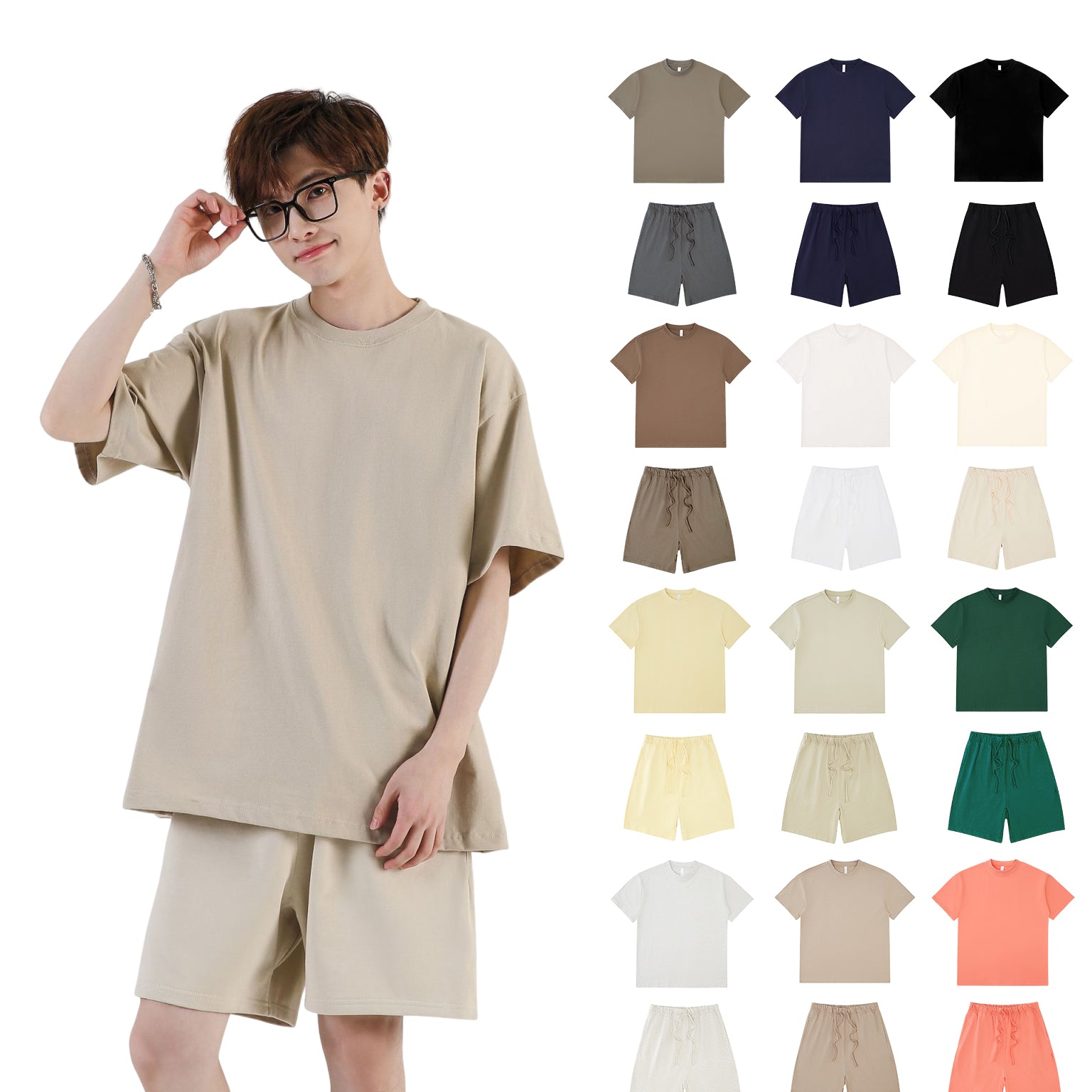 Custom Streetwear High Quality 100% Cotton Loose Pure Color Short Sleeve Shirt and Short Pants Set