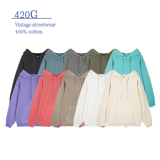 Vintage Streetwear Hip-hop Washed Oversized Hoodie Heavyweight Custom Puff Print Unisex Blank Pullover Fashion Black Hoodie